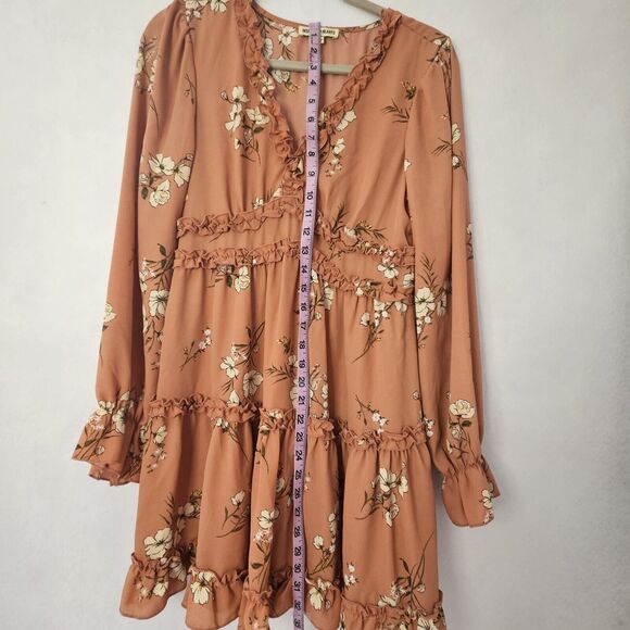 INSPIRED HEARTS NWT Sz L Terra Cotta Vneck Dress Puff Sleeve Tiered Ruffle Trim - Picture 2 of 6